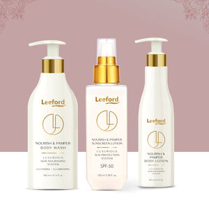 Hyaluronic Acid and Vitamin C Body Wash, Lotion & Sunscreen Lotion: Essential Hydration & Glow Combo - Leeford Glam