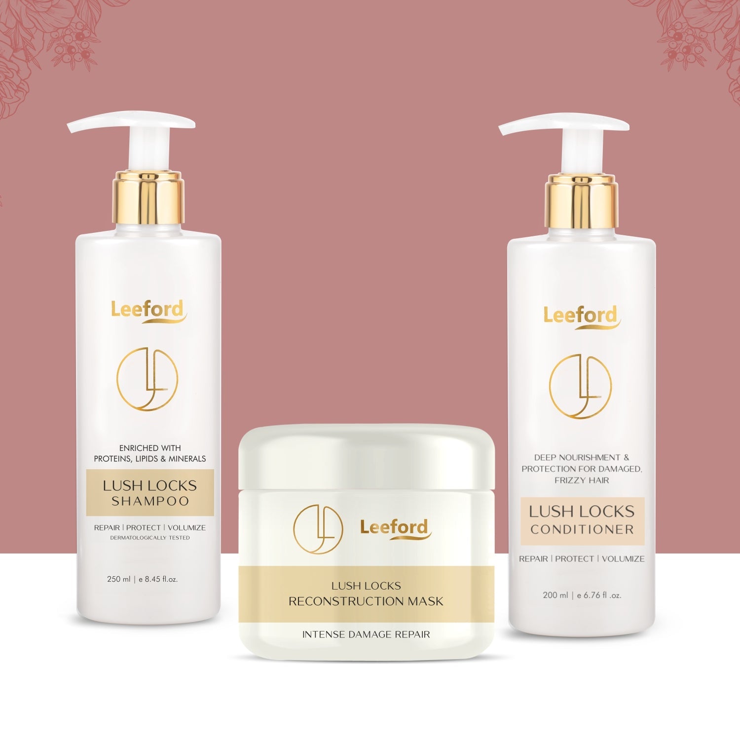 Silk Protein & Ceramide Enriched Lush Lock Trio: Shampoo, Conditioner & Hair Reconstruction Mask for Revitalized Hair - Leeford Glam