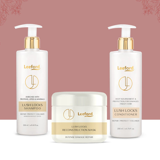 Silk Protein & Ceramide Enriched Lush Lock Trio: Shampoo, Conditioner & Hair Reconstruction Mask for Revitalized Hair - Leeford Glam